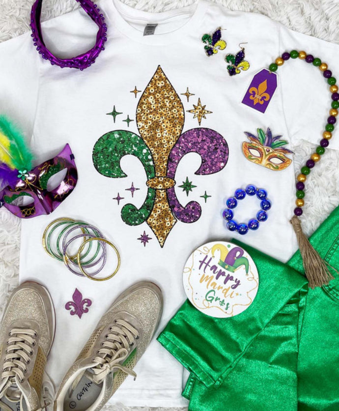 Mardi Gras Faux Sequin Fleur De Lis Tee